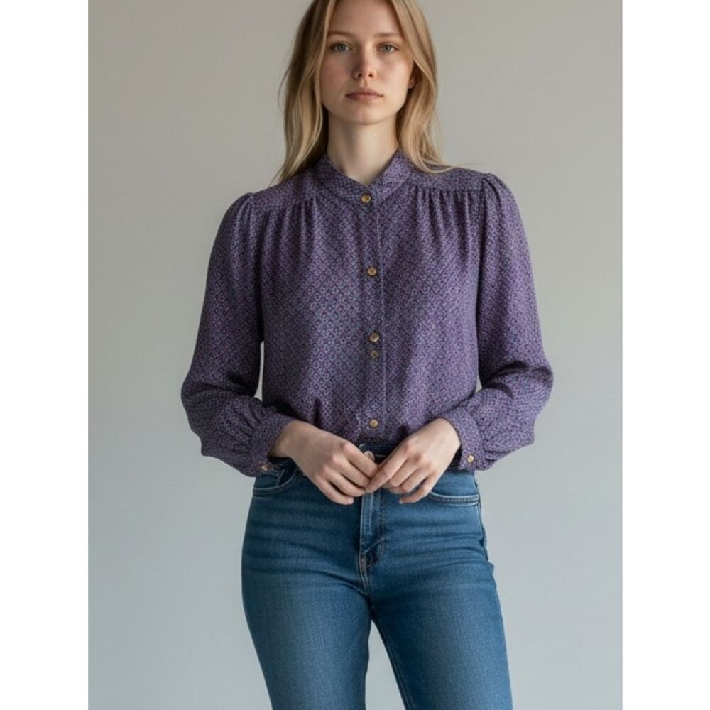 Vintage Purple Tones Patterned Long-Sleeve Button-Up Shirt